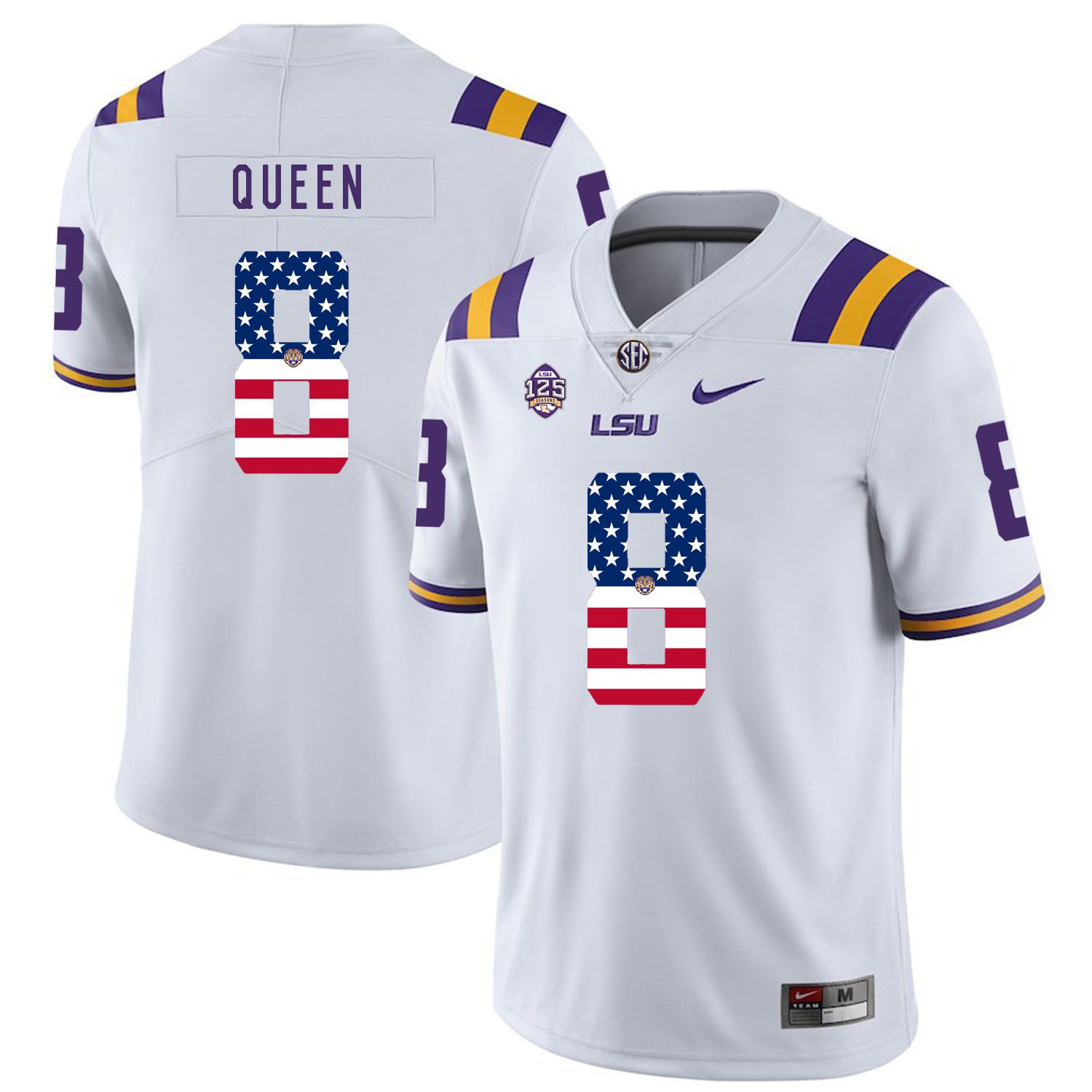 Men LSU Tigers 8 Queen White Flag Customized NCAA Jerseys